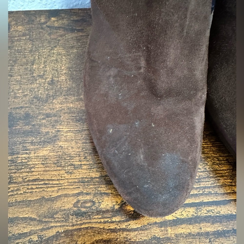 Cole Haan Dark Brown Suede Knee-High Heeled Boots with Gold Buckle - Picture 4 of 16